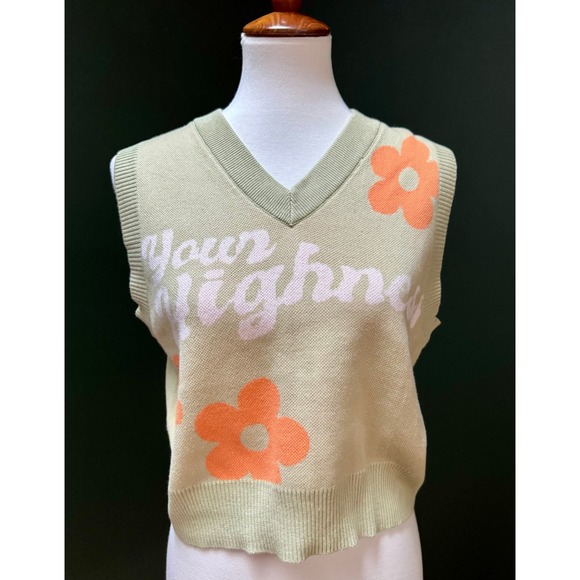 Your Highness Knit Sweater Vest V-Neck Floral Graphic Top Sage Green Small - Picture 1 of 5